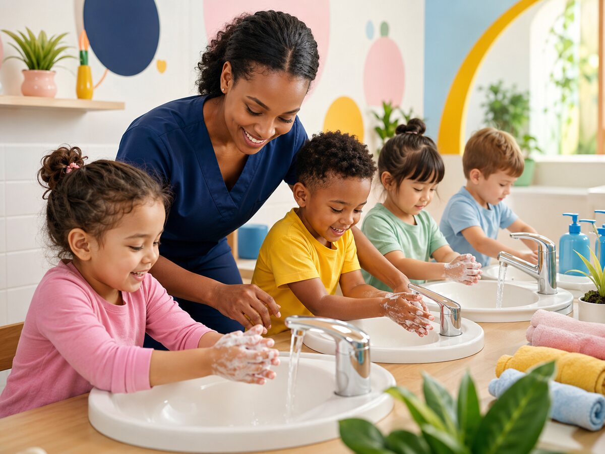 Children learning handwashing routines